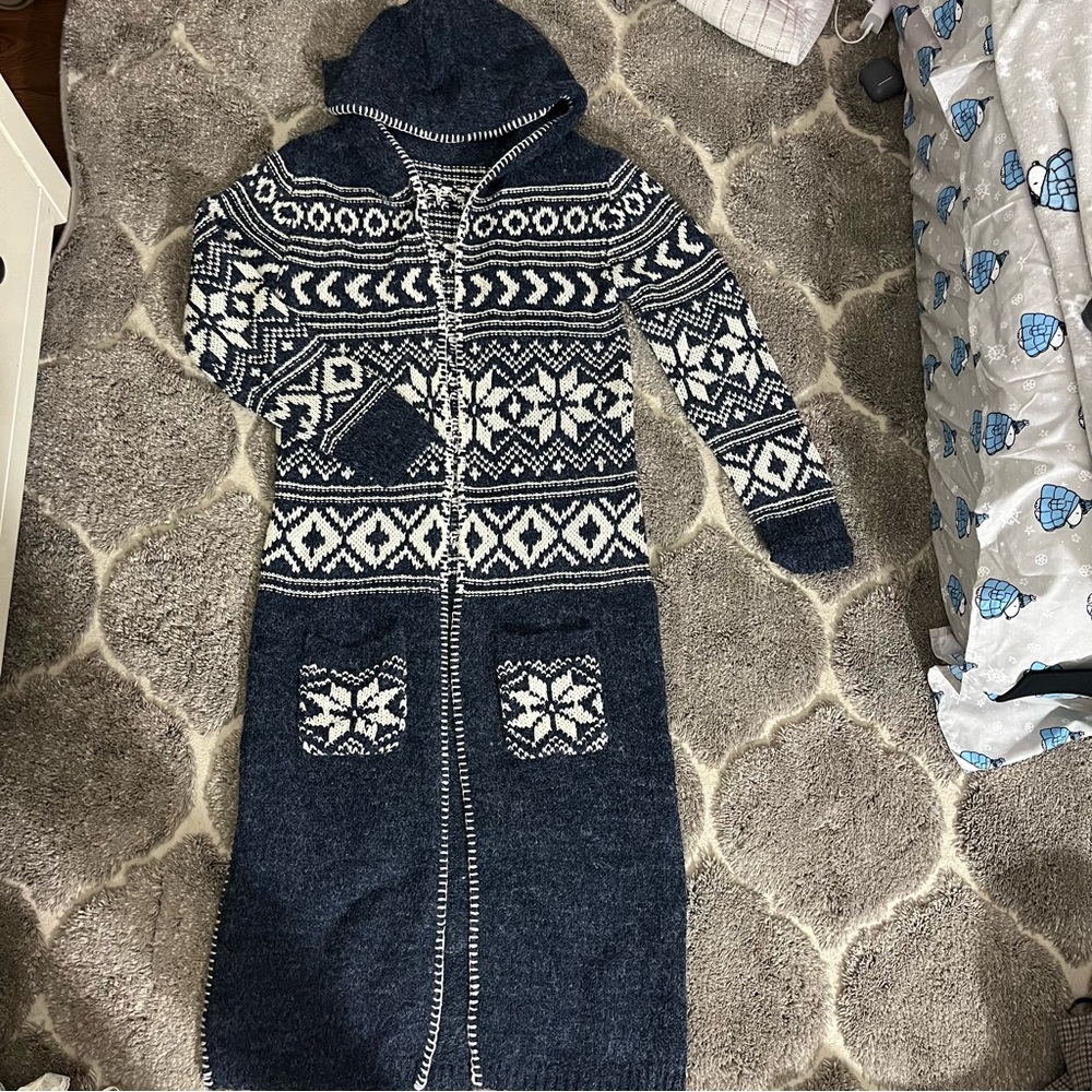 Navy and White Hooded Knit Cardigan